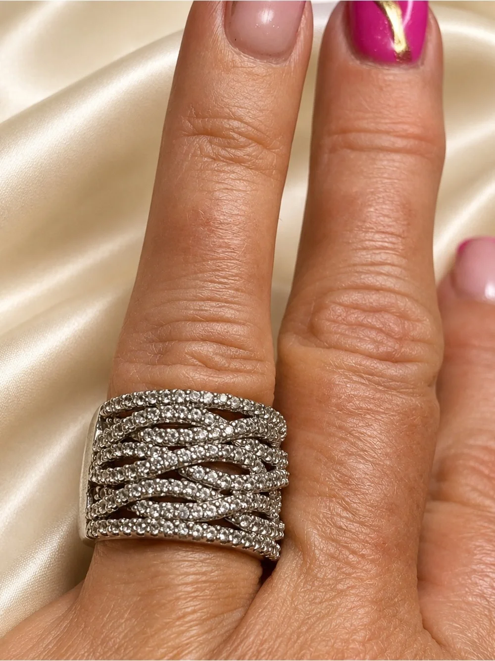 925 Sterling Silver DL Wide Woven Statement Ring Clear Stones Sz 7